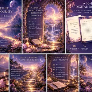 Può includere: Un download digitale di 10 pagine intitolato The Aether Word Journey: The Art of the Pause. Il set include cruciverba, spunti di riflessione e pagine di diario con paesaggi viola e dorati, fiori di loto e cascate.