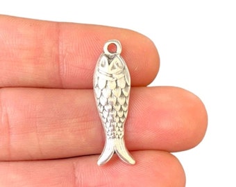 2 Silver Fish Charm - Antique Silver Plated Fish Pendant - Sea - Jewellery Making - Minimalist Fish Charm (9 x 28 mm) LG-185