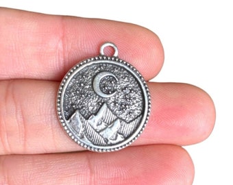 Silver Moon Charm - Mountain Landscape Charms - Antique Silver Plated Pendant - Crescent Pendant - Coin Charm - Findings (21 x 25 mm) LG-256