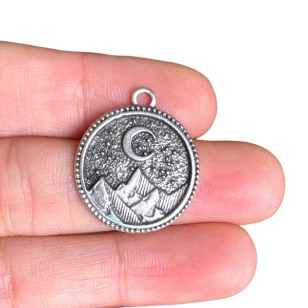 Silver Moon Charm - Mountain Landscape Charms - Antique Silver Plated Pendant - Crescent Pendant - Coin Charm - Findings (21 x 25 mm) LG-256