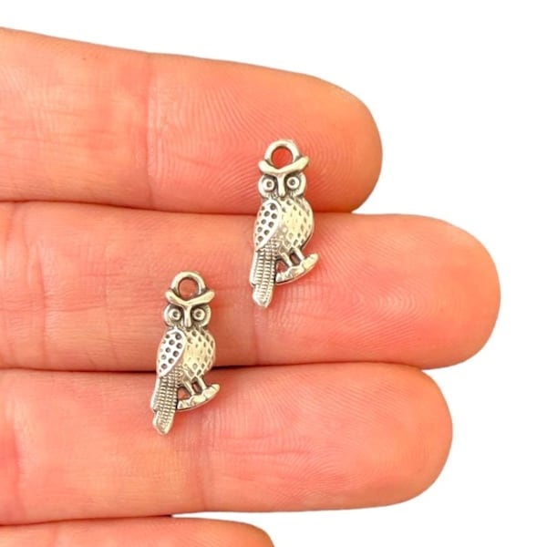4 Owl Charm - Antique Silver Plated Tiny Owl Pendant - Jewellery Making - Minimalist Owl Charm - Gift (7 x 16 mm) LG-169