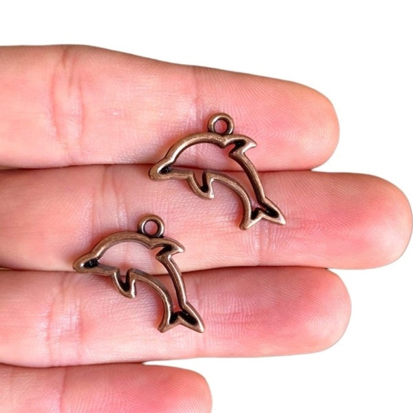 2 Copper Dolphin Charm - Antique Copper plated dolphin pendant - Fish charm - Dolphin findings (14 x 22 mm) LB-200
