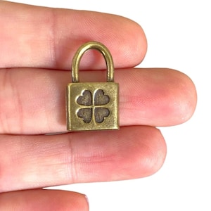 Antique Bronze Plated Clover Lock Charm – Fortune Pendant with Four-Leaf Motif, Padlock for Jewelry & Crafts (14 x 21 mm) LS-226