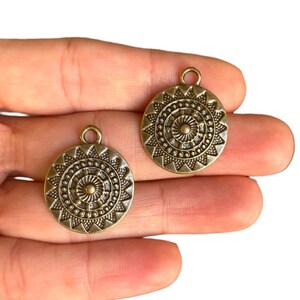 2 Sun Charm – Antique Bronze Plated Mandala Sun Pendant for Jewelry Making, Boho Tribal Jewelry Supply, (21 x 25 mm) LS-271