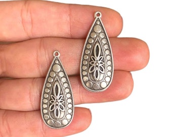 2 Silver Drop Charms - Antique Silver Plated Ethnic Drop Pendant - Jewellery Making - Gift for Her (35 x 15 mm) LG-284