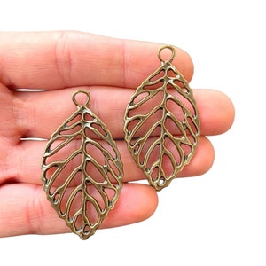 2 Big Filigree Leaf Charm, Antique Bronze Plated Leaf Pendant, Large Metal Leaf Jewelry Component (26 x 48 mm) LS-416
