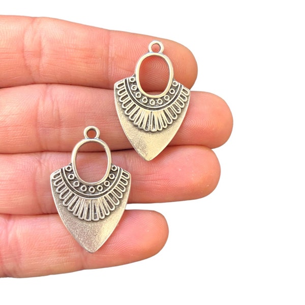 2 Silver Ethnic Charm - Antique Silver Plated Earring Components - Ethnic Drop Pendant - Jewellery Making - Gift for Her (30 x 20 mm) LG-283