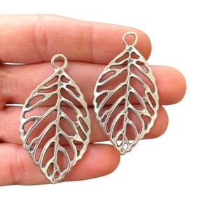 2 Big Filigree Leaf Charm, Antique Silver Plated Leaf Pendant, Large Metal Leaf Jewelry Component (26 x 48 mm) LG-416