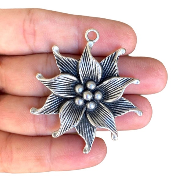 1 Big Flower Charm, Antique Silver Plated 3D Flower Charms, 3D Flower Pendant, Jewellery Making, Mom Gift, 3D (43 x 48 mm) LG-418