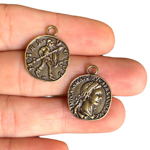 Bronze Ancient Coin Charm - Antique Bronze-Plated Medallion Pendant - Double Sided (17 x 21 mm) LS-247