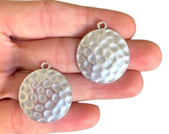 2 Silver Hammered Round Charm - Antique Silver Plated Hammered Round Pendant - Jewellery Making - Gift for Her (25 x 28 mm) LG-426