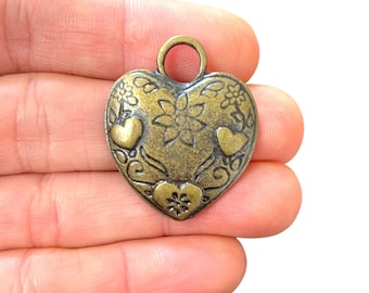 Bronze Heart Charm - Antique Bronze Flower Heart Pendant - Ethnic Heart Charm - Gift for Her - Jewellery Making (26 x 31 mm) LS-524