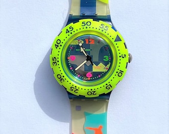 Swatch Scuba 200 OVER THE WAVE SDN105, nuovo mai indossato! Neon! Surfista!