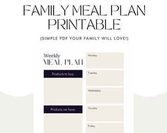 May include: A printable weekly meal planner with sections for "Products to buy" and "Products we have". The planner includes a list of days of the week, Monday through Friday, with blank spaces for meal planning.