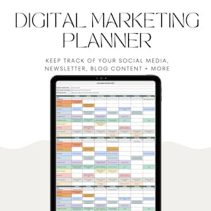 Peut inclure: Un planificateur de marketing numérique affiché sur l'écran d'une tablette. Le planificateur est un calendrier avec des cases de différentes couleurs pour chaque jour du mois. Les cases sont étiquetées avec différentes tâches, telles que "médias sociaux", "newsletter" et "contenu de blog".