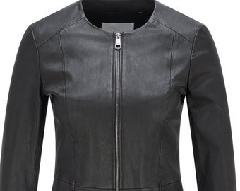 Ladies Real Leather Jacket Slim Fit Collarless Short Coat Black Jacket