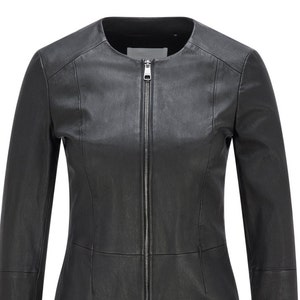 Womens black leather jacket no hot sale collar