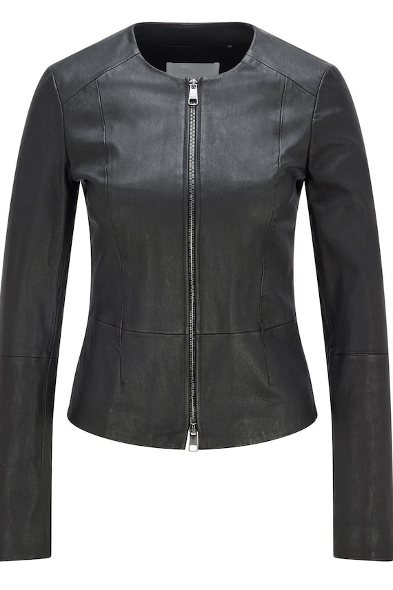 Ladies Real Leather Jacket Slim Fit Collarless Short Coat Black
