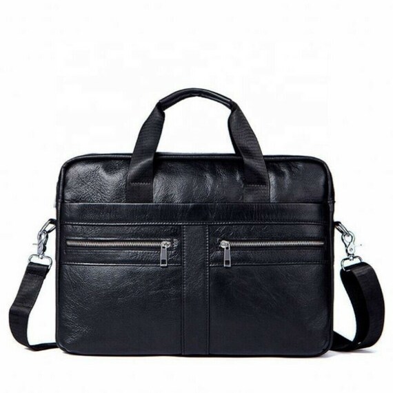 Black Leather Briefcase Laptop Bag Work Office Shoulder - Etsy