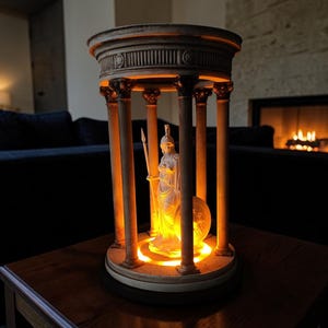 Handmade Illuminated Athena Minerva Temple Lamp | Resin Greek Goddess Statue with 6 Corinthian Columns | USB LED Antique Finish