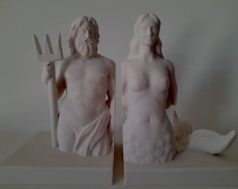 Poseidon and Mermaid ancient Greek mythological god and goddess handmade bookends , Neptune bookend