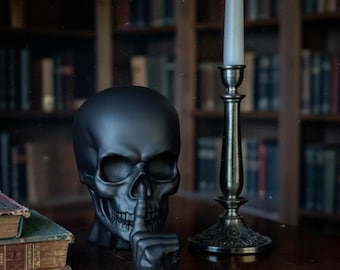 Matte Black Skull Figurine – Shush Silence Sign, Gothic Library Decor, Desk Ornament