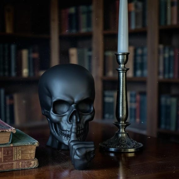 Matte Black Skull Figurine – Shush Silence Sign, Gothic Library