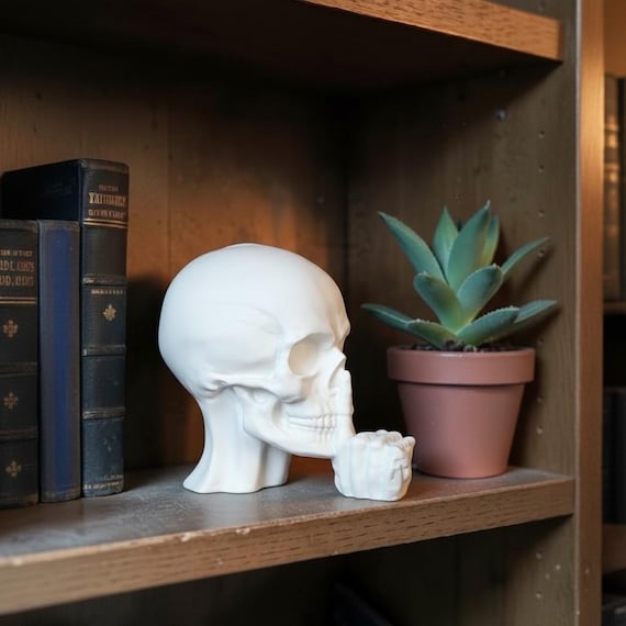 Matte Black Skull Figurine – Shush Silence Sign, Gothic Library