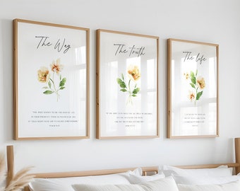 Juego de 3 lienzos decorativos cristianos impresos: Jesús, el Camino, la Verdad, la Vida. Escrituras modernas. Salmo 16, Juan 8, Juan 14. WTL2-A3.