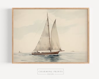 Vintage sail boat  PRINTED oil painting art print.  Vintage nautical boat painting  Landscape vintage coastal decor vintage  painting VM2-A1