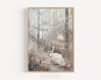 Woodland Rabbit oil painting PRINTED nursery art bunny print bunny rabbit nursery beige art woodland nursery art CT7-A1