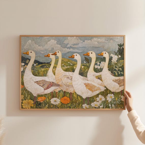 Goose Decor For Playroom Farmhouse Wall Art Whimsical Nursery Floral Print Baby Shower Gift VLG41-A1