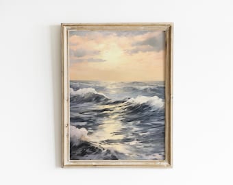 Vintage Seascape Art PRINTED nautical nursery ocean print coastal art blue print vintage painting nautical art moody ocean painting CG14-A1