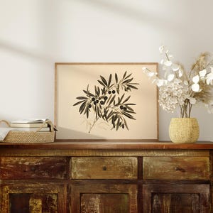May include: A framed black and white botanical illustration of an olive branch with leaves and fruit. The frame is brown wood and the print is on a cream background. The print is sitting on a rustic wooden dresser with two drawers and two cabinet doors.
