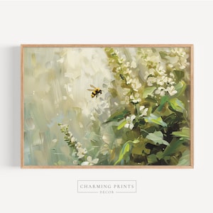 May include: A painting of white flowers with a bee flying in front of them. The background is a soft green and white.