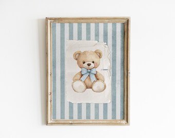 Vintage Teddy Bear Nursery Art Bear Print Blue Nursery Vintage Stripes Baby Boy Room Decor Cute Bear Illustration Kids Wall Art VBC10-A1