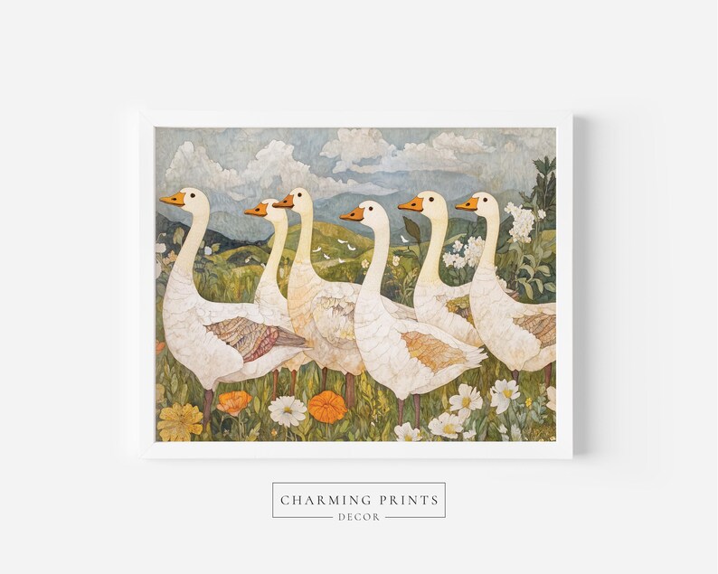 May include: A framed print featuring six white geese with orange beaks, standing in a field of wildflowers. The background shows a landscape with rolling hills and a cloudy sky. The text "CHARMING PRINTS DECOR" is at the bottom.