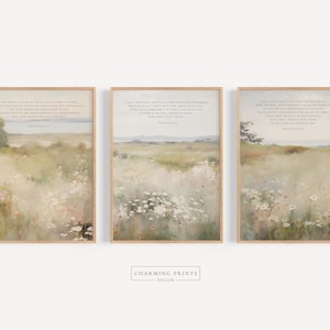 May include: Three printable art prints with a watercolor style landscape scene of a field of flowers and a quote from the Bible. The quotes are "The Lord is my shepherd, I shall not want", "Trust in the Lord with all your heart and lean not on your own understanding", and "You can be sure that the Lord your God will always be with you wherever you go."