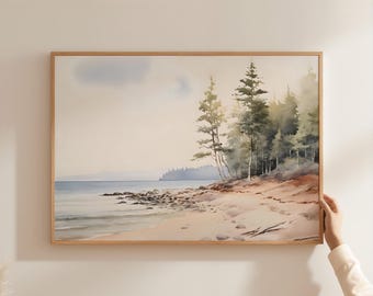 Pintura costera en acuarela, arte de árbol, impresión artística estilo casa de campo, arte de pared, decoración de playa, impresión artística azul, arte de pared verde salvia, impresión costera VPS34-A1