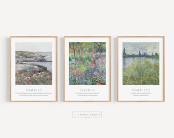 Vintage Scripture Christian Art Prints set of 3 PRINTED Scripture Wall art Modern Scripture Floral Art Psalm 1 Psalm 23 Psalm 9 MT1-A3