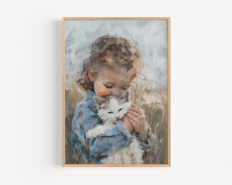 Vintage Little Girl and Kitten Painting Blue Art Print Beige Nursery ...