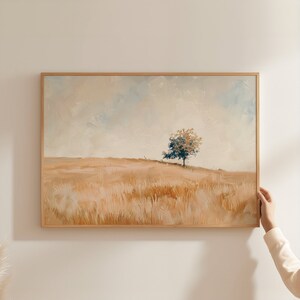 Vintage Tree Painting Muted Landscape Print Neutral Meadow Wall Art Farmhouse Nature Decor Earth Tone Nursery Country Field Painting CT33-A1