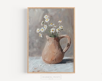 May include: A painting of a bouquet of white daisies in a brown ceramic pitcher. The daisies are arranged in a simple, elegant way, and the pitcher is a classic, rustic style. The background is a soft, muted gray.