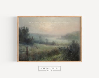 Peut inclure: Une impression encadrée avec une peinture représentant une scène de forêt brumeuse. L'impression présente une citation du Psaume 90:14 : "Rassasie-nous le matin de ton amour, afin que nous nous réjouissions et soyons dans la joie tous nos jours."