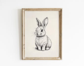 Vintage Woodland Bunny Nursery Wall Art Minimalist Woodland Nursery Neutral Baby Room Decor Rustic Cottagecore Nursery Bunny Print VLG15-A1