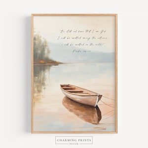K&ouml;nnte beinhalten: Ein Aquarellbild eines Sees mit einem kleinen Holzboot im Wasser. Das Bild enth&auml;lt ein Zitat aus Psalm 46,10: "Seid still und erkennt, dass ich Gott bin. Ich werde erh&ouml;ht werden unter den Nationen. Ich werde erh&ouml;ht werden auf der Erde!"