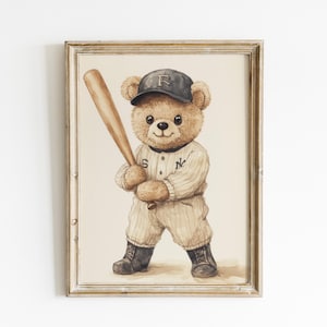 Vintage Teddy Bear Baseball Nursery Wall Art Earth Tone Nursery Sports Theme Baby Room Decor Boy Nursery Neutral Kids Wall Art VLG16-A1