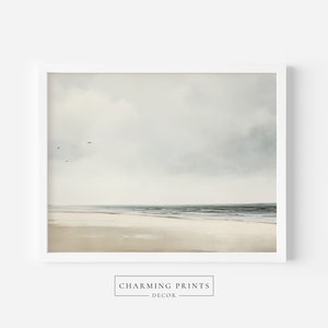 May include: A minimalist painting of a beach scene with a cloudy sky and a few birds flying overhead. The beach is sandy and the water is a light blue color.
