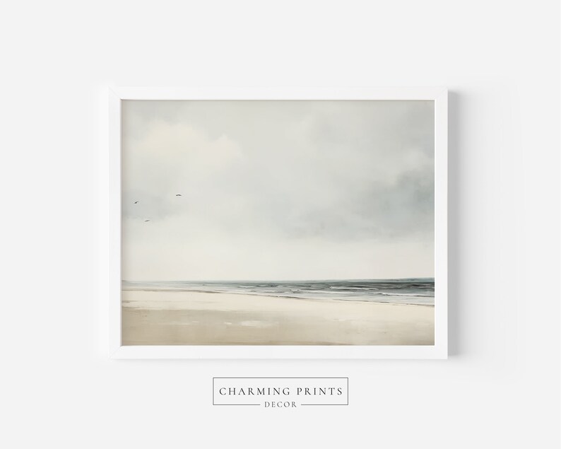 May include: A minimalist painting of a beach scene with a cloudy sky and a few birds flying overhead. The beach is sandy and the water is a light blue color.