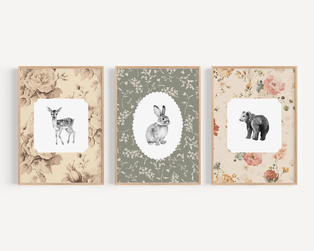 Vintage Woodland Nursery Wall Art Bear Deer Bunny Forest Animal Prints ...